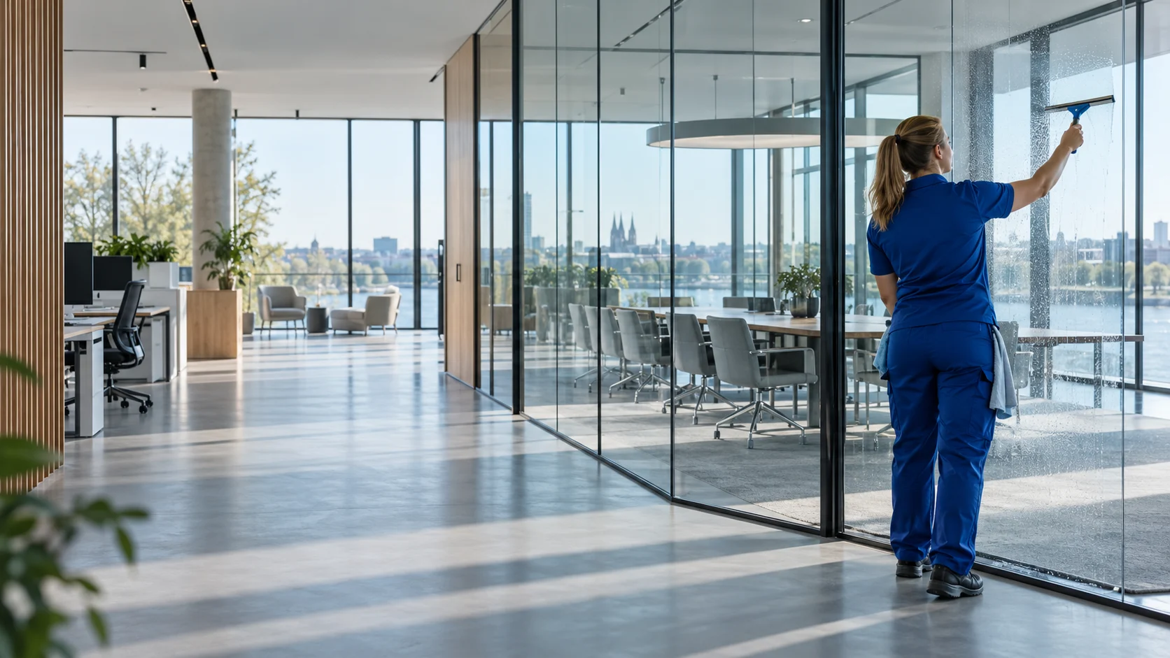 Glasreinigung in einem hellen, modernen Büro